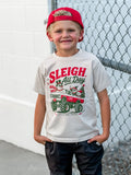 White toddler Christmas t-shirt with “Sleigh All Day” monster truck graphic