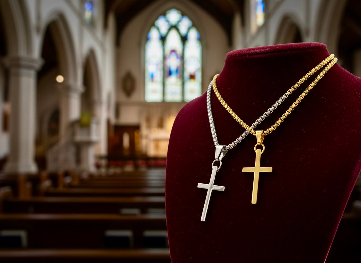 Two cross pendant necklaces with silver and gold chains