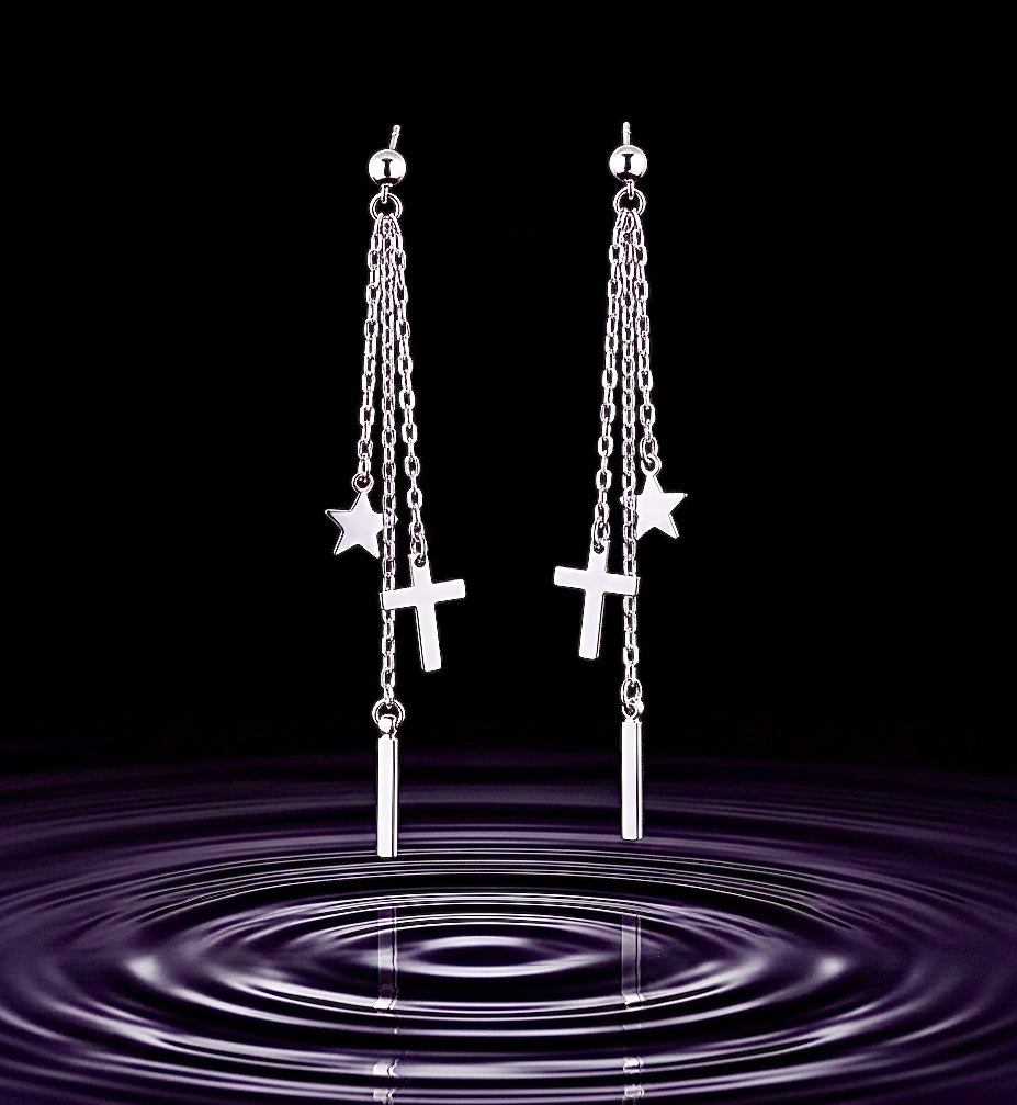 Silver long chain dangle earrings with star and cross charms and slender bar drops