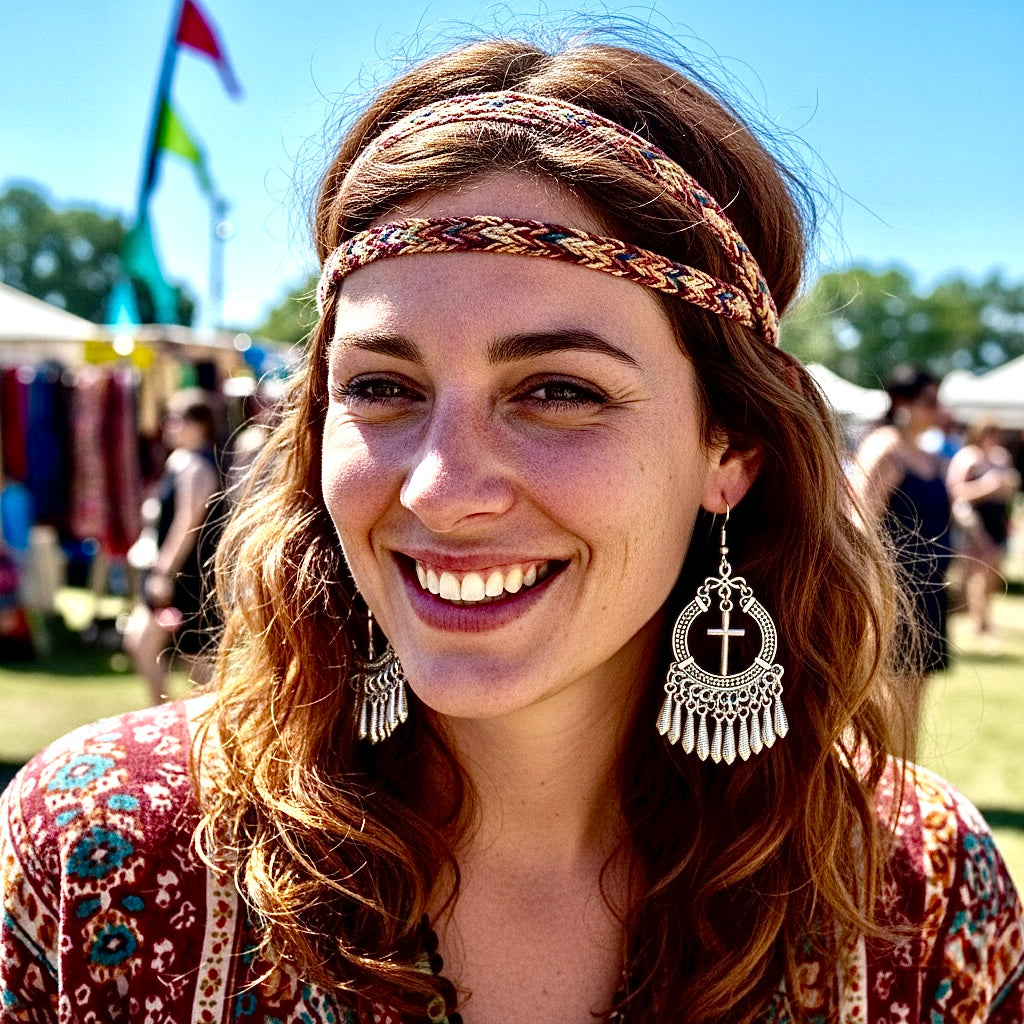 Silver cross drop earrings with round filigree frame and fringe tassels