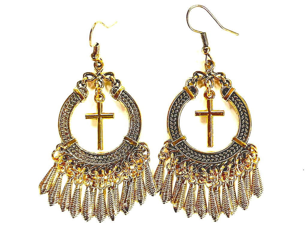 Gold cross drop dangle earrings with circular filigree and fringe tassels