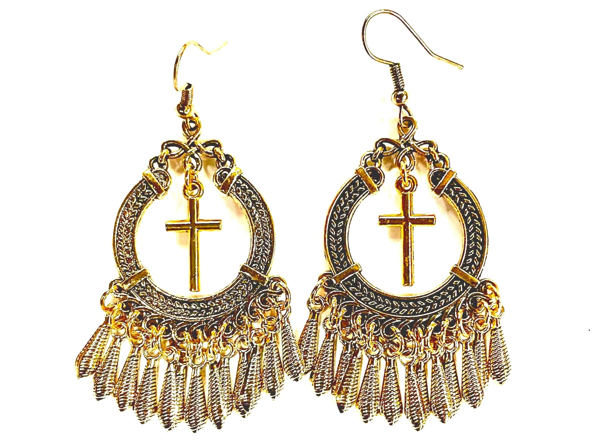 Gold cross drop dangle earrings with circular filigree and fringe tassels