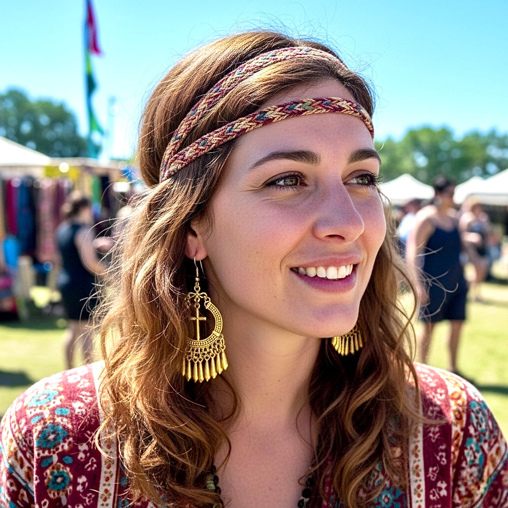Gold cross drop earrings with round filigree frame and fringe tassels