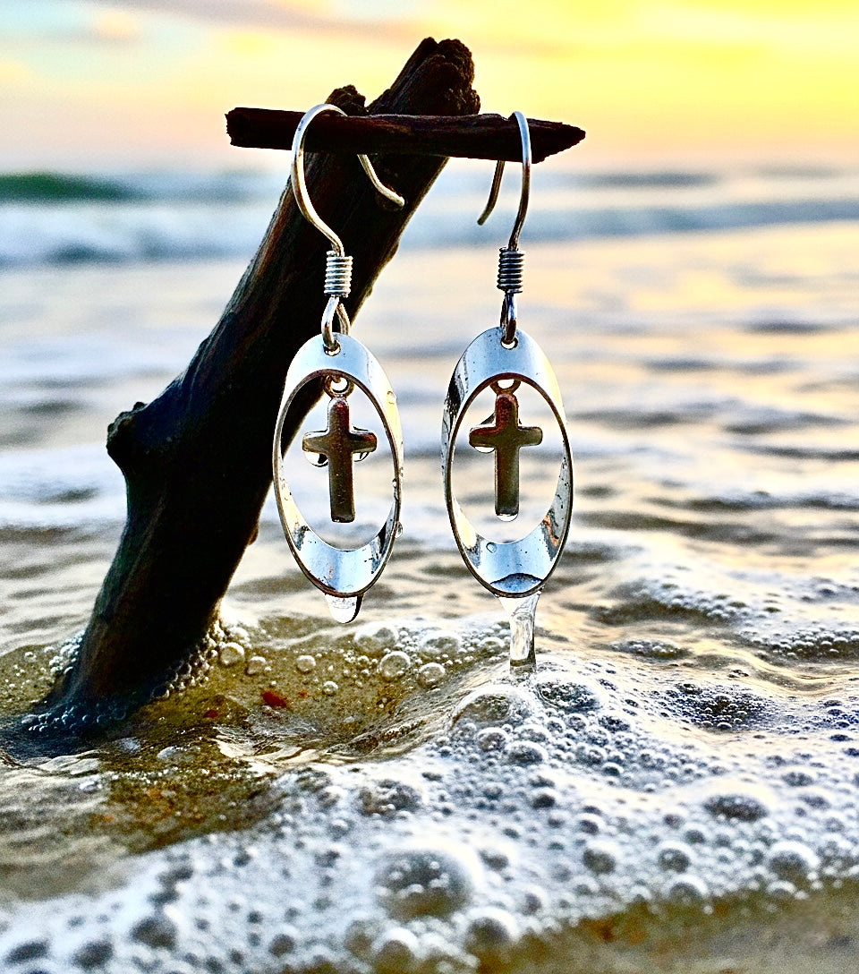 Silver cross drop dangle earrings with oval hoops, small size