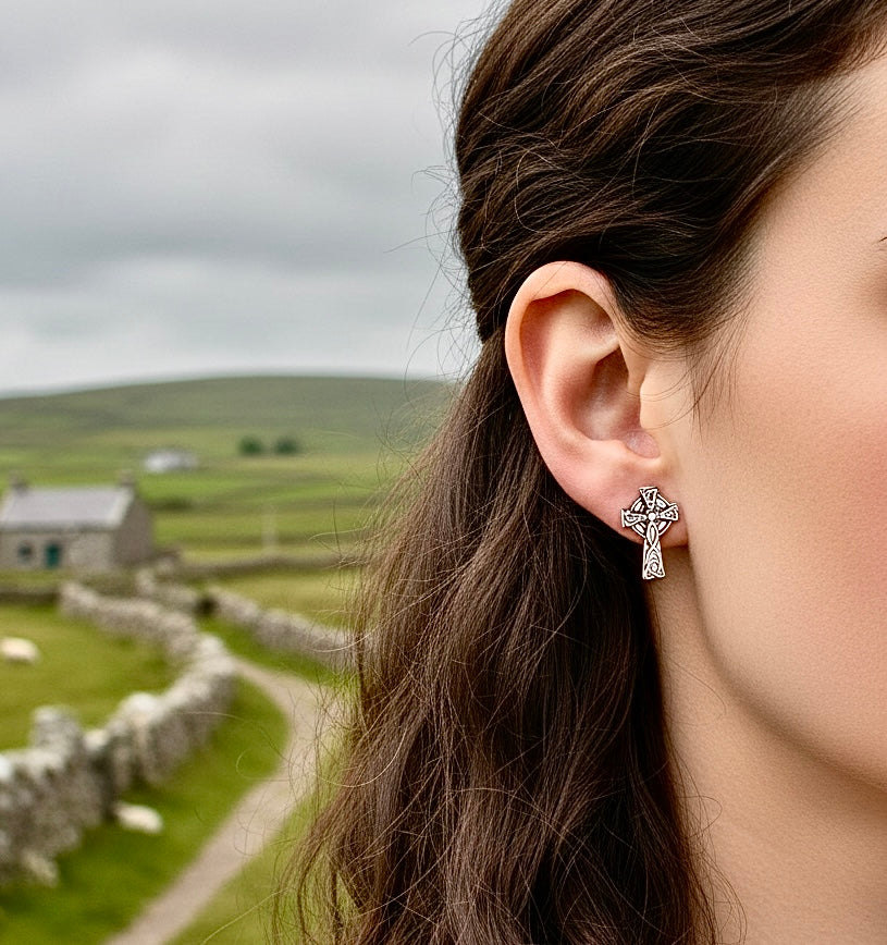 Celtic knot cross stud earrings in black finish with textured knot pattern