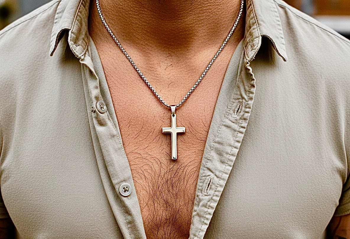 Stainless steel cross pendant necklace on silver chain
