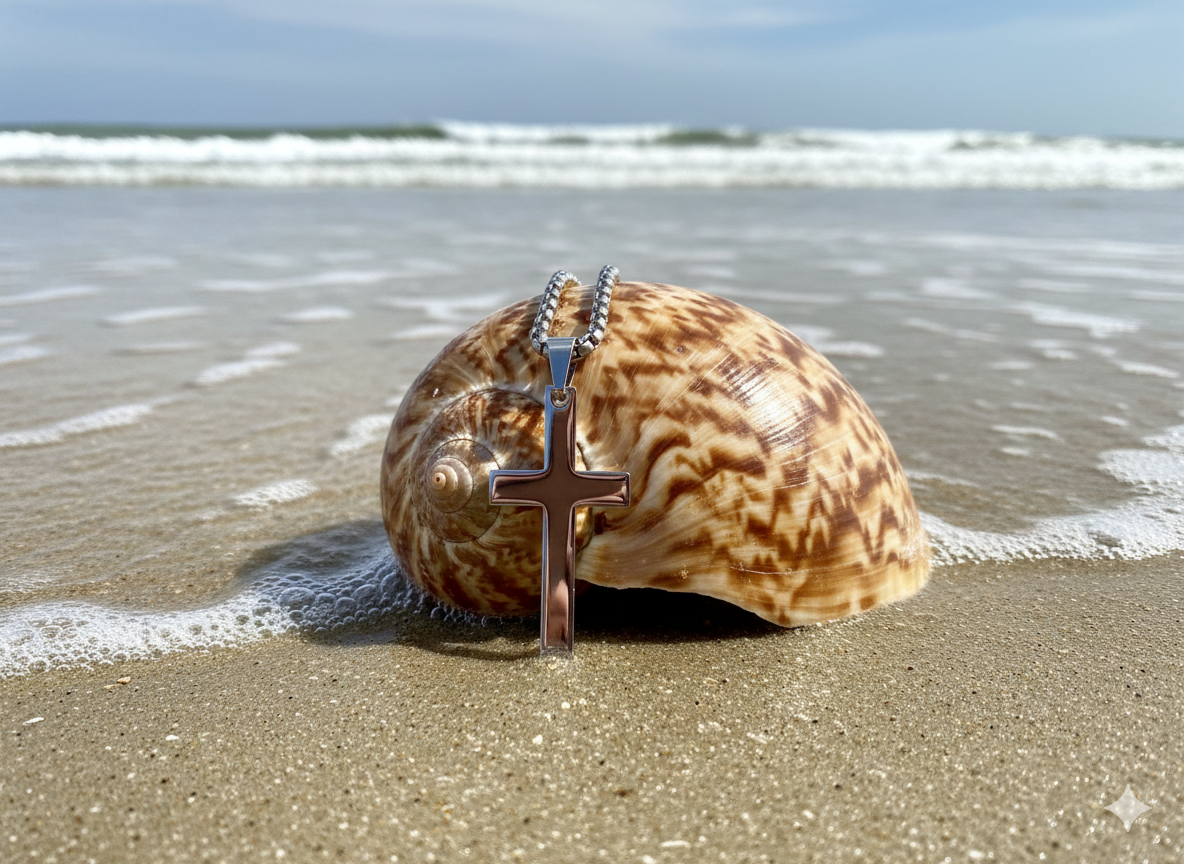 Cross pendant necklace resting on a seashell