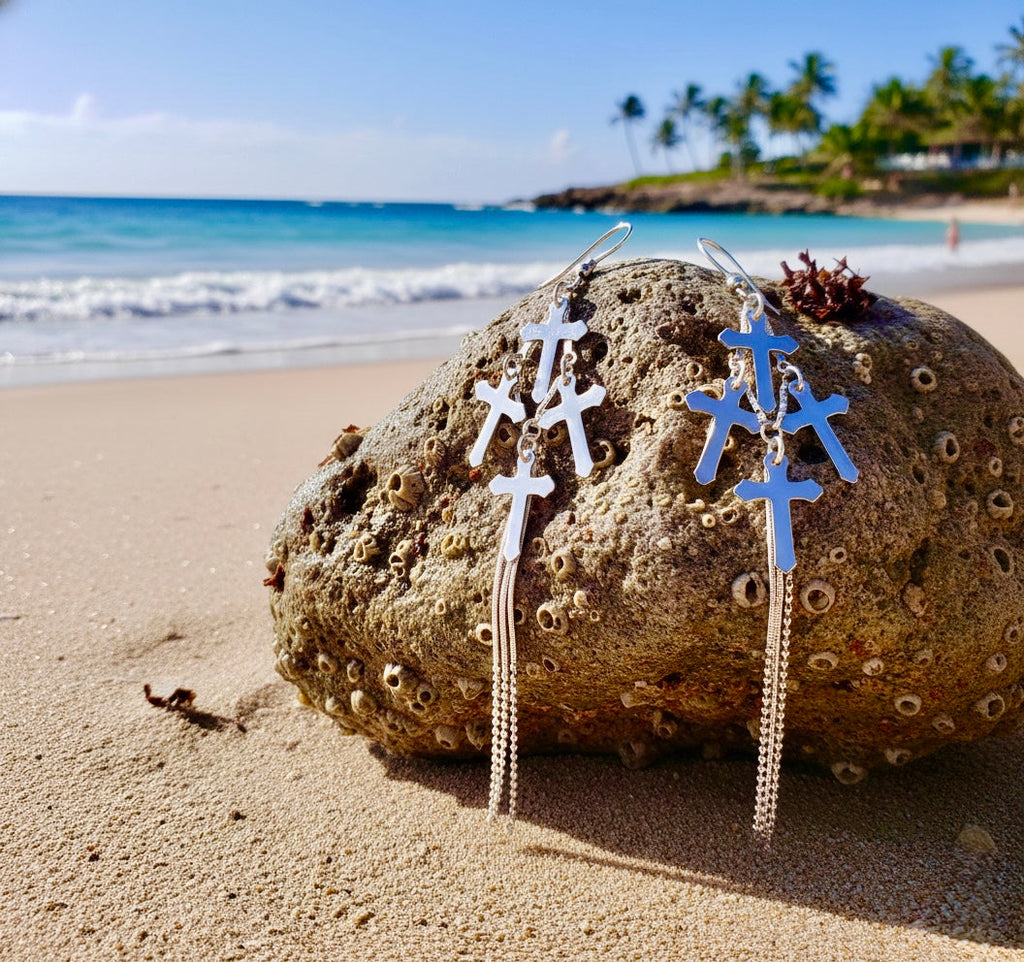 Antiqued silver cross earrings with three dangling chain tassels
