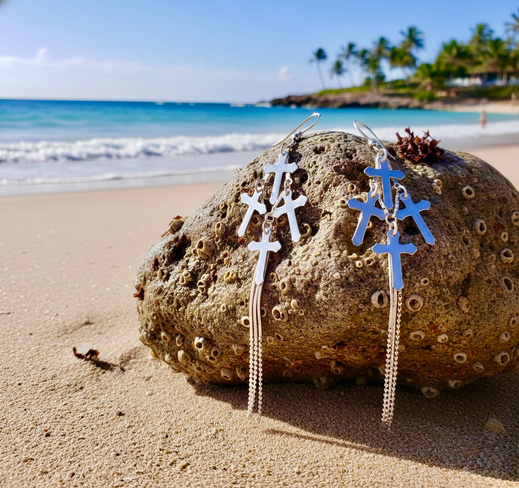 Antiqued silver cross earrings with three dangling chain tassels
