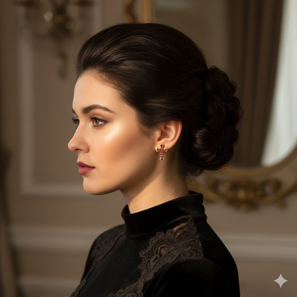 Gold cross stud earrings with red CZ stones, worn by a woman with an updo hairstyle