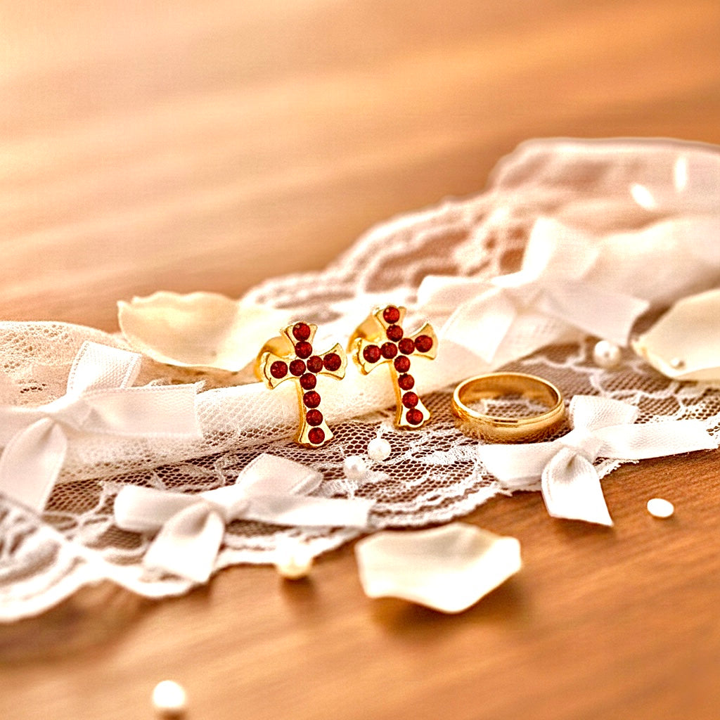 Gold cross stud earrings with red CZ stones on white lace and satin fabric
