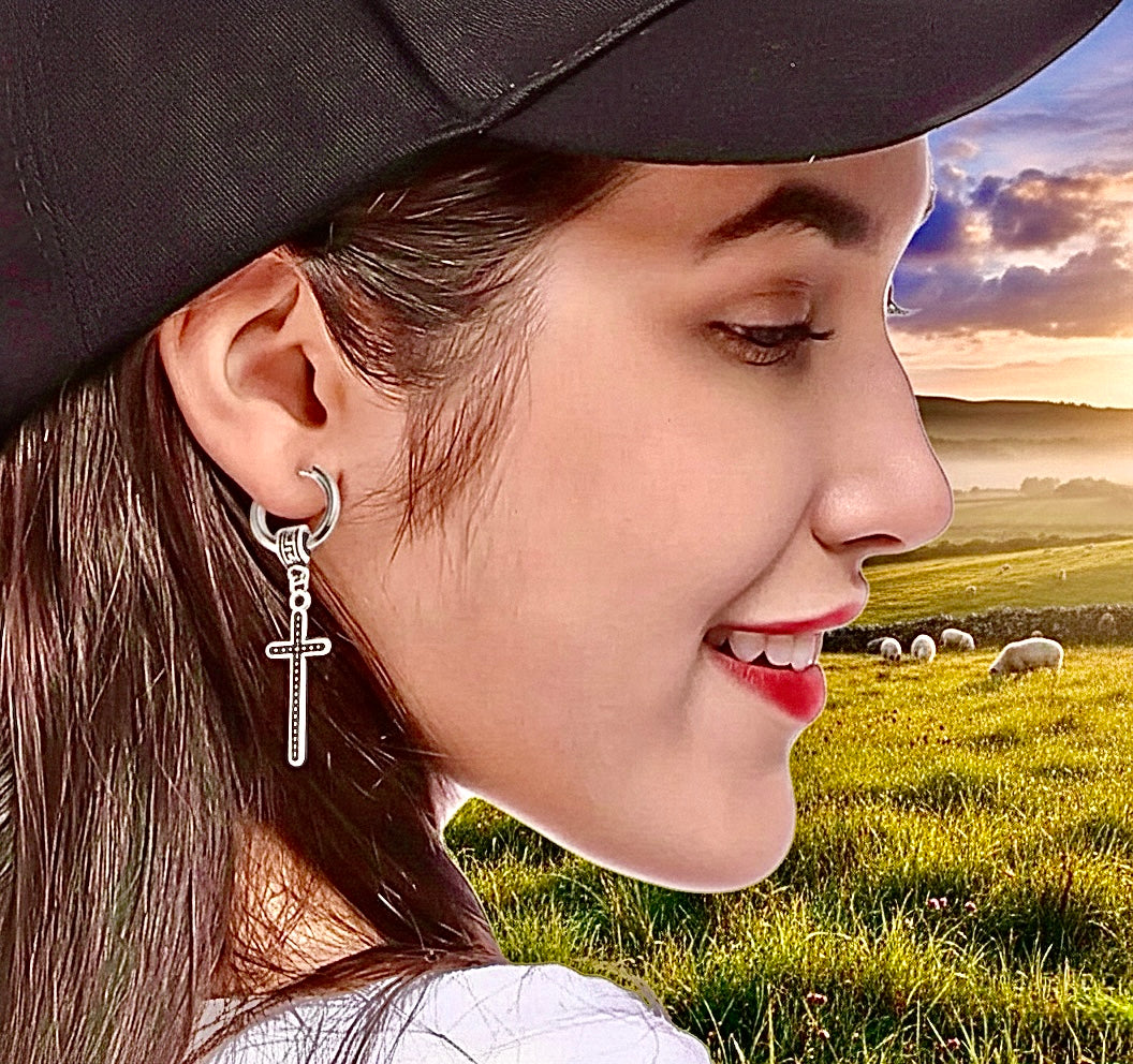 Silver-tone hoop earrings with dangling Celtic cross charm
