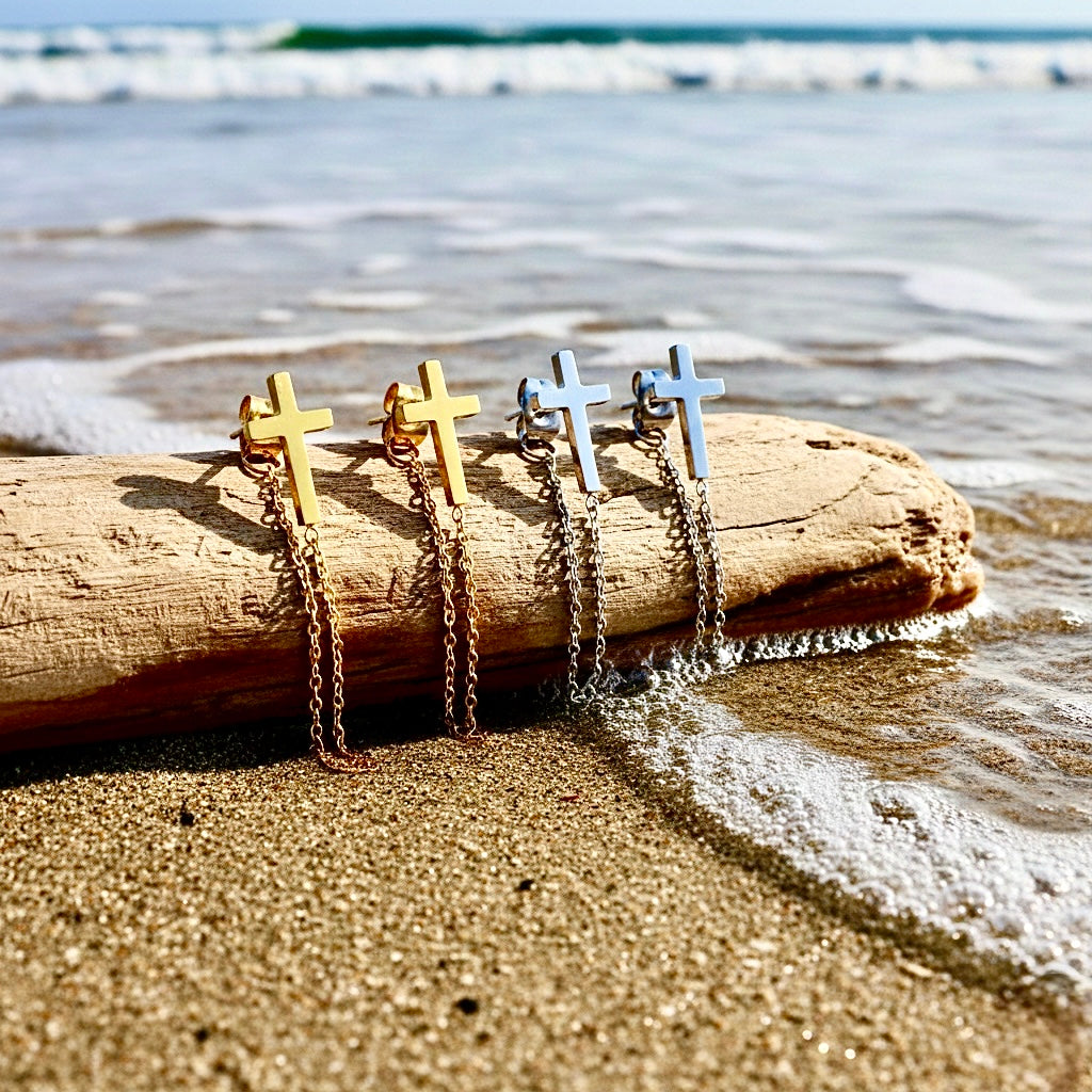 Cross tassel chain earrings, gold and silver tones with hanging chains