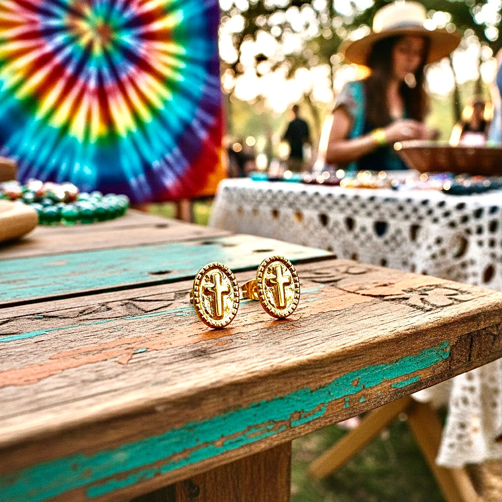 Gold oval cross stud earrings on a wooden table outdoors