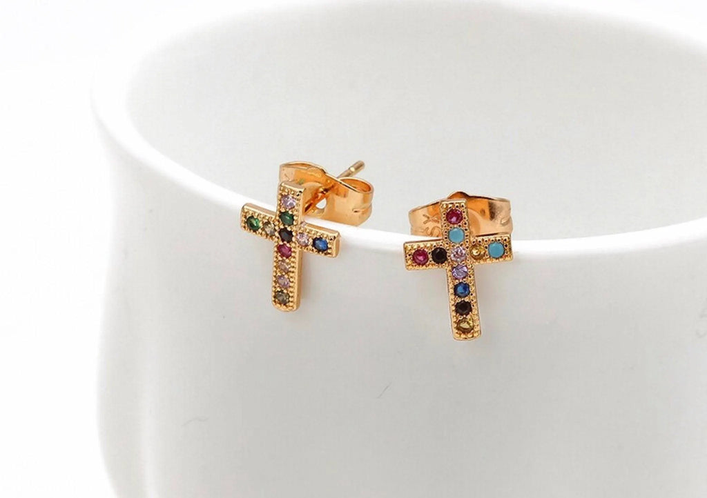 Gold cross stud earrings with multicolor zircon inlay