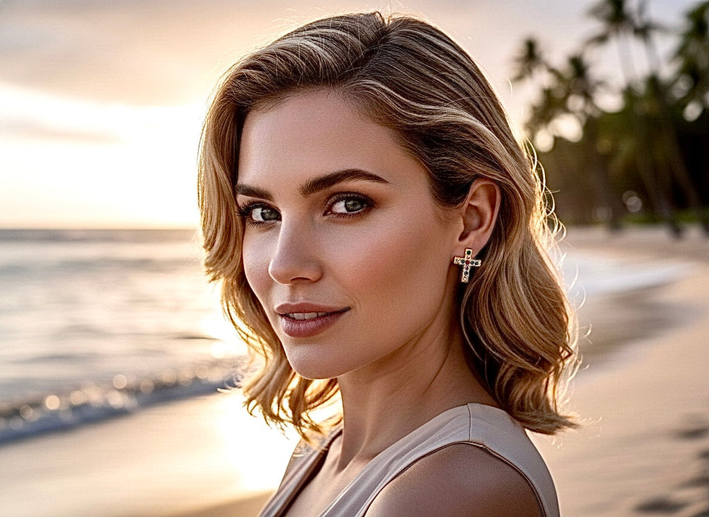 Gold cross stud earrings with multicolor zircon inlay on the ear