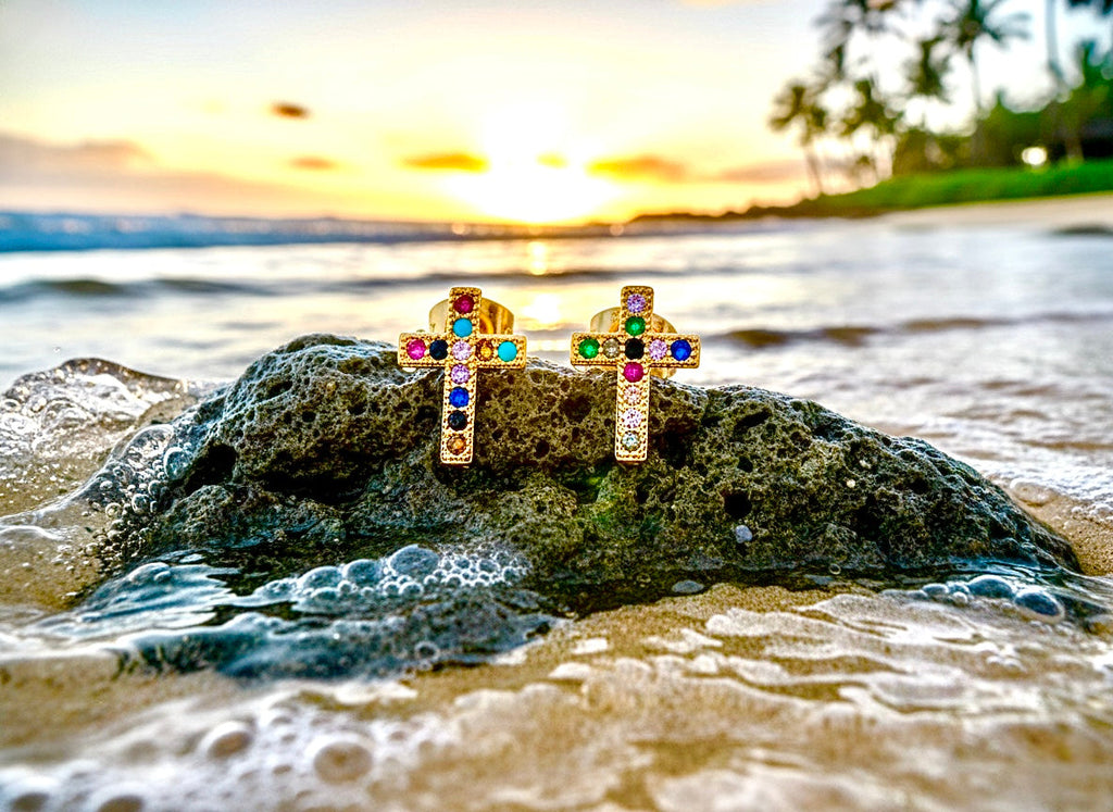 Gold-tone cross earrings with colorful zircon inlay