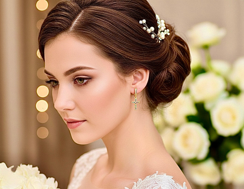 Gold hoop earrings with cross dangle, multicolor zircon accents for wedding wear