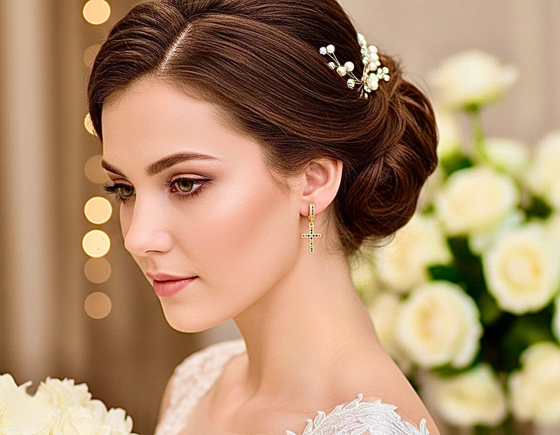 Gold hoop earrings with cross dangle, multicolor zircon accents for wedding wear