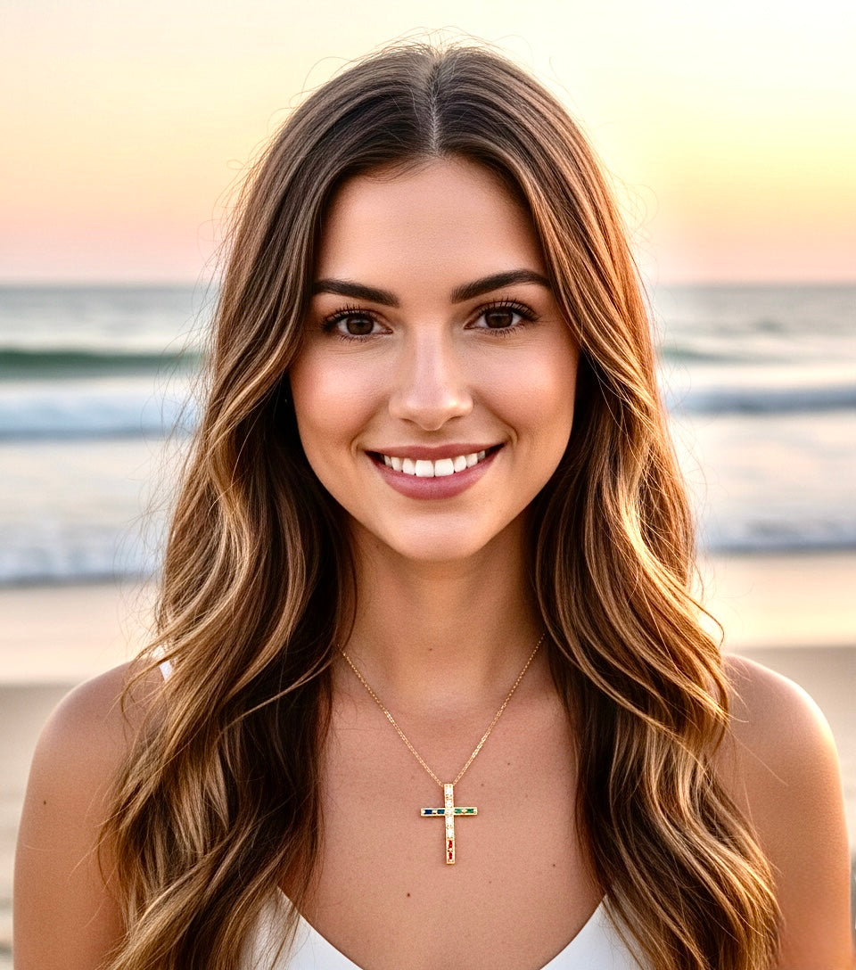 Gold cross necklace with multicolor CZ stones, fine chain on neckline