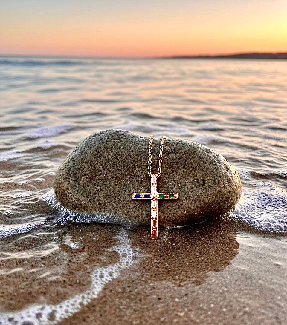 Gold cross pendant necklace with multicolor CZ stones and curb chain
