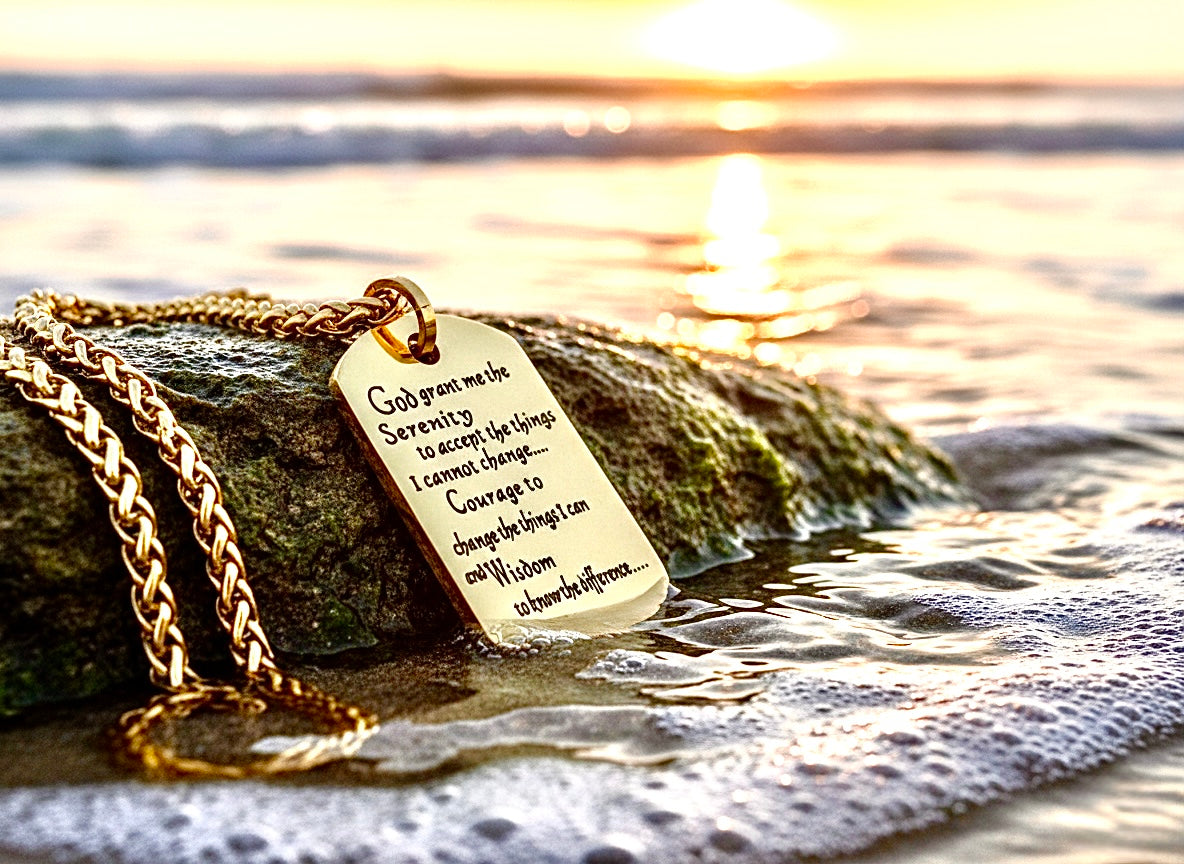 Serenity Prayer dog tag necklace with gold chain and engraved pendant