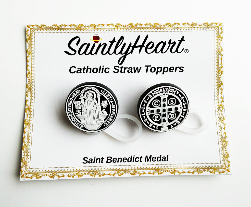 Saintlyheart Catholic straw toppers card for Saint Benedict medal (2 pack)