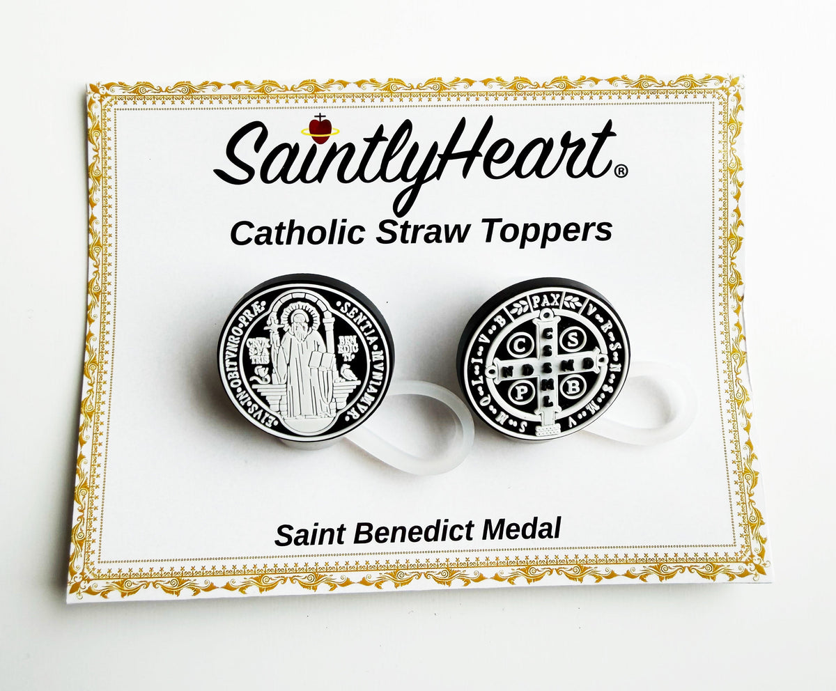 Saintlyheart Catholic straw toppers card for Saint Benedict medal (2 pack)