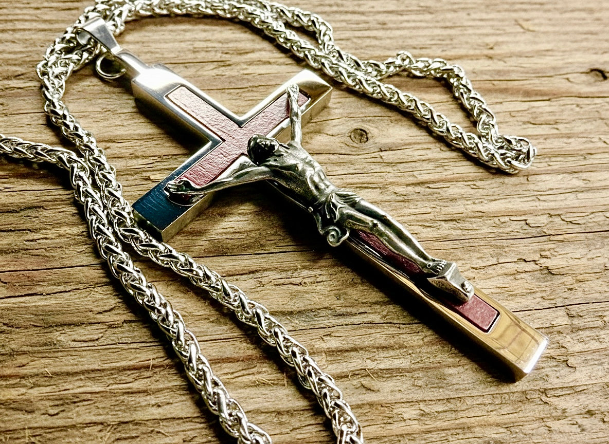 Crucifix cross pendant necklace with silver chain and red inlay mosaic panels