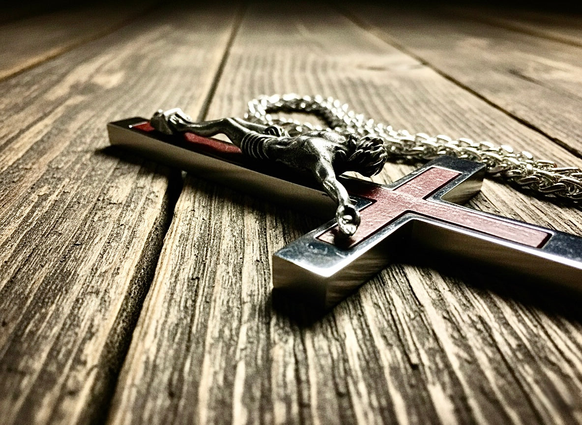 Crucifix cross pendant necklace, silver-tone metal with red inlay and chain