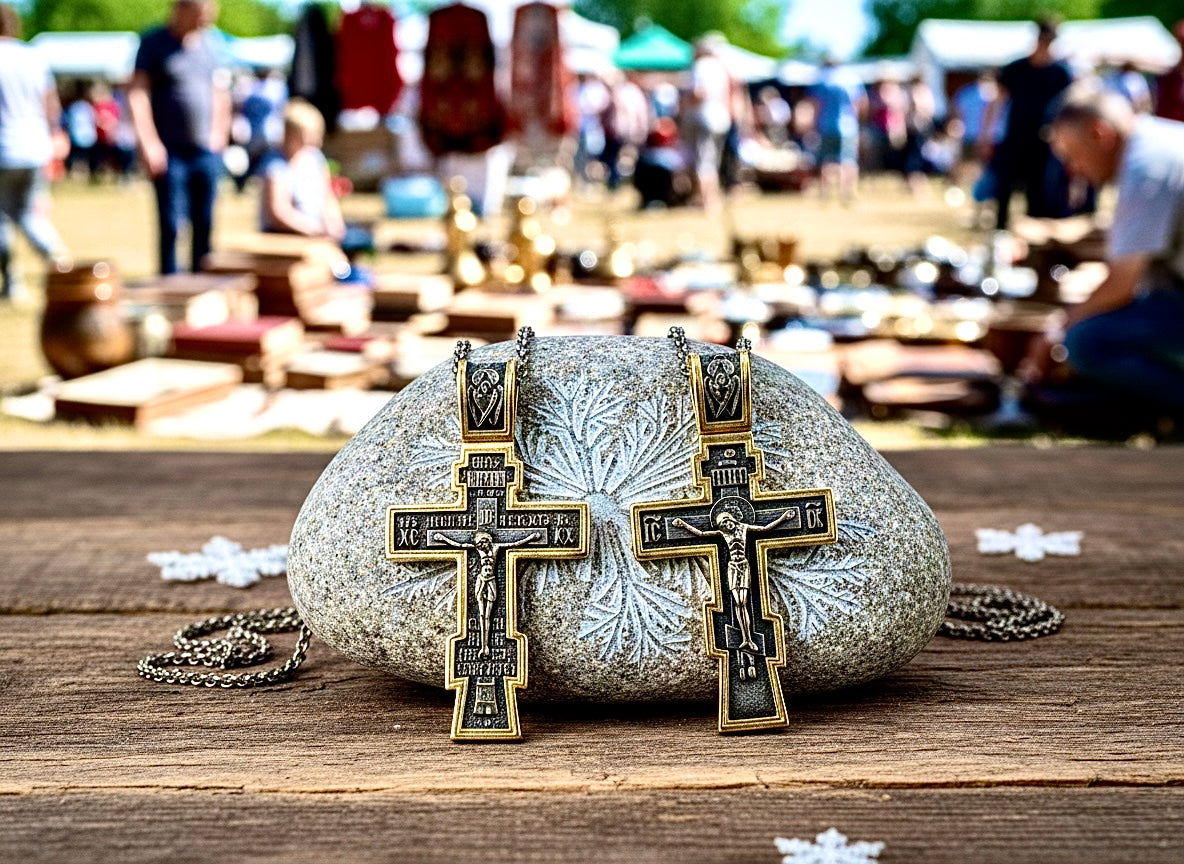 Ornate cross pendant necklace with chain and geometric engraving, gold and silver