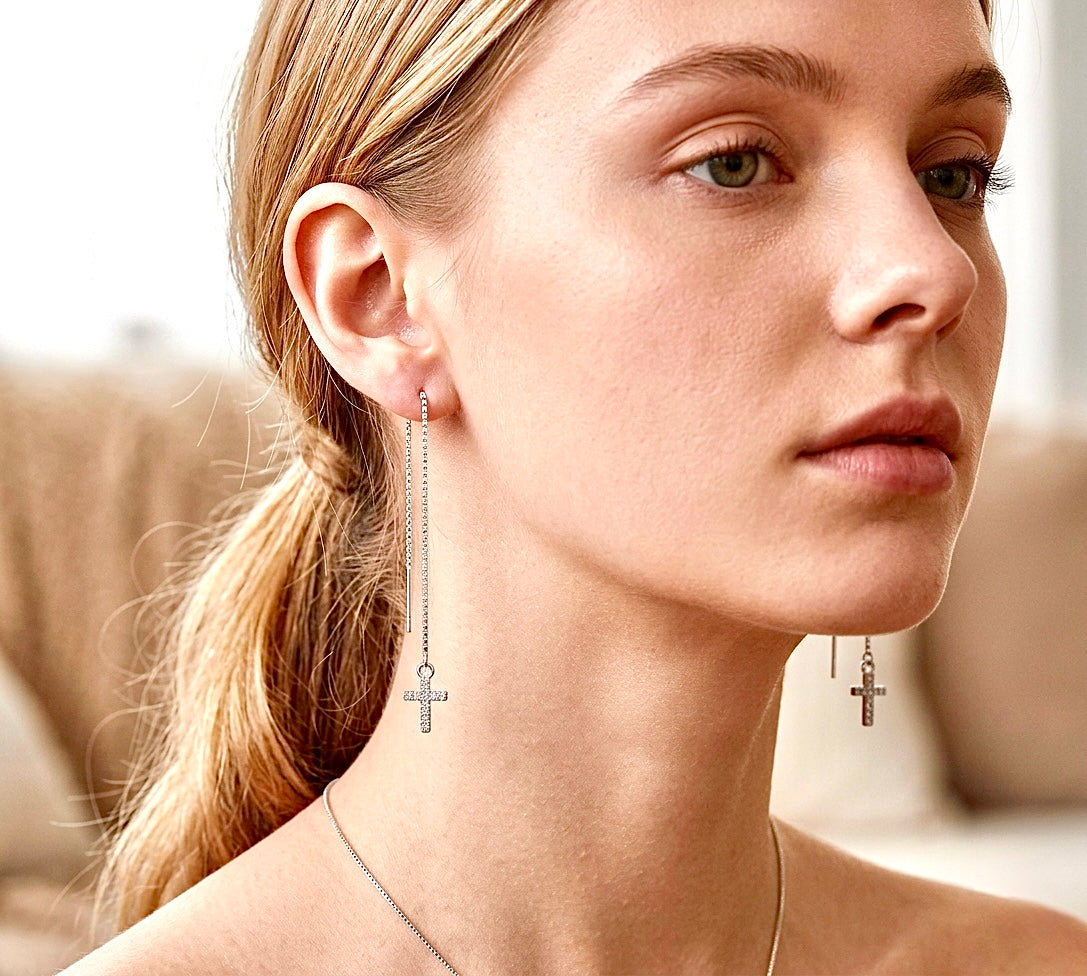Silver cross chain earrings with long vertical beaded drop