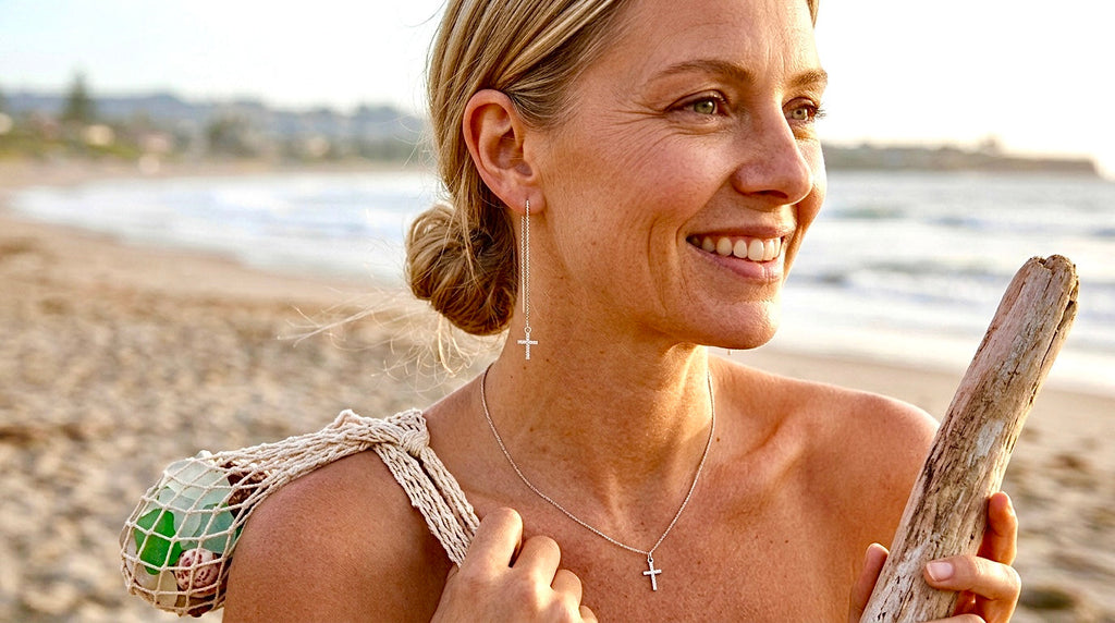 Silver cross chain earrings with long drop and cross charm