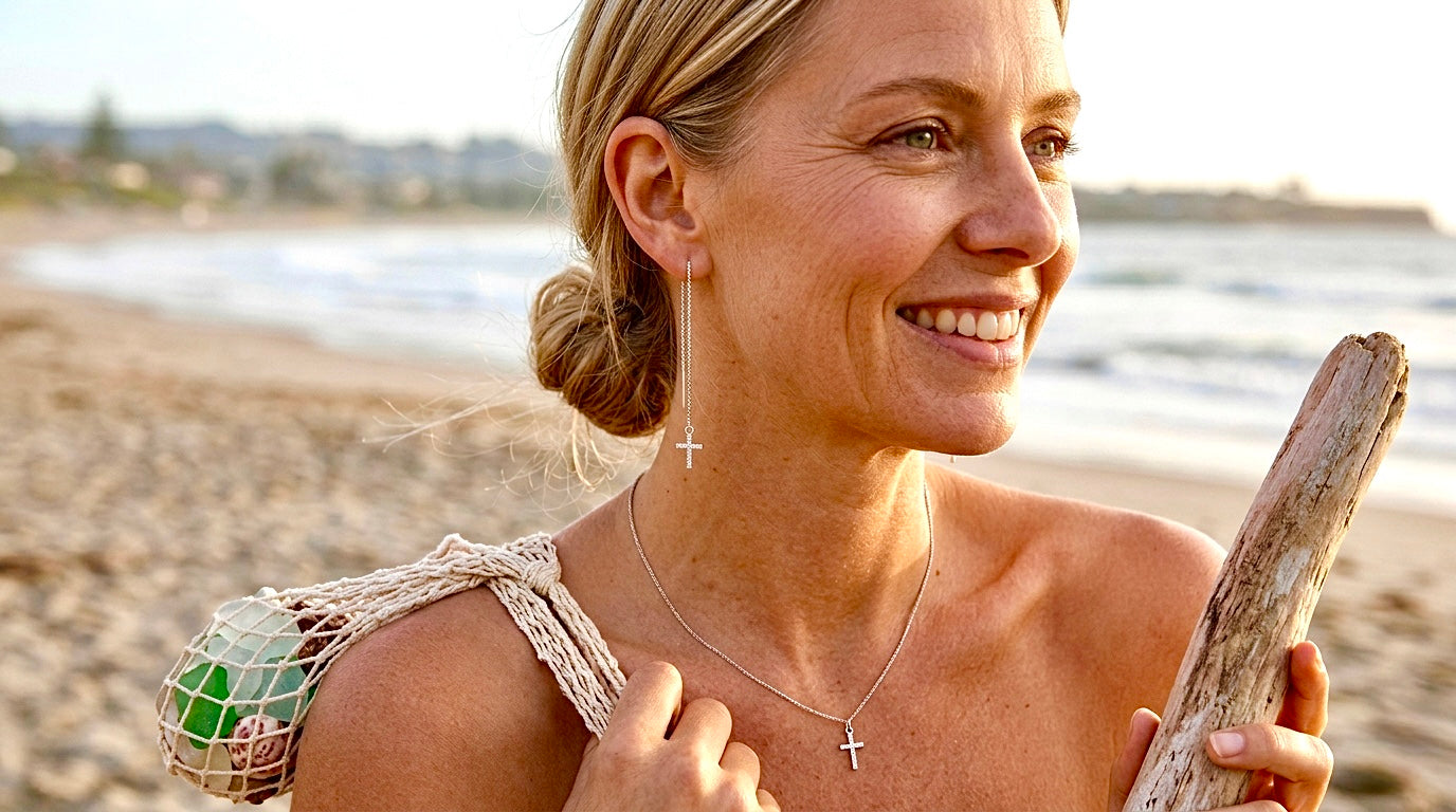 Silver cross chain earrings with long drop and cross charm