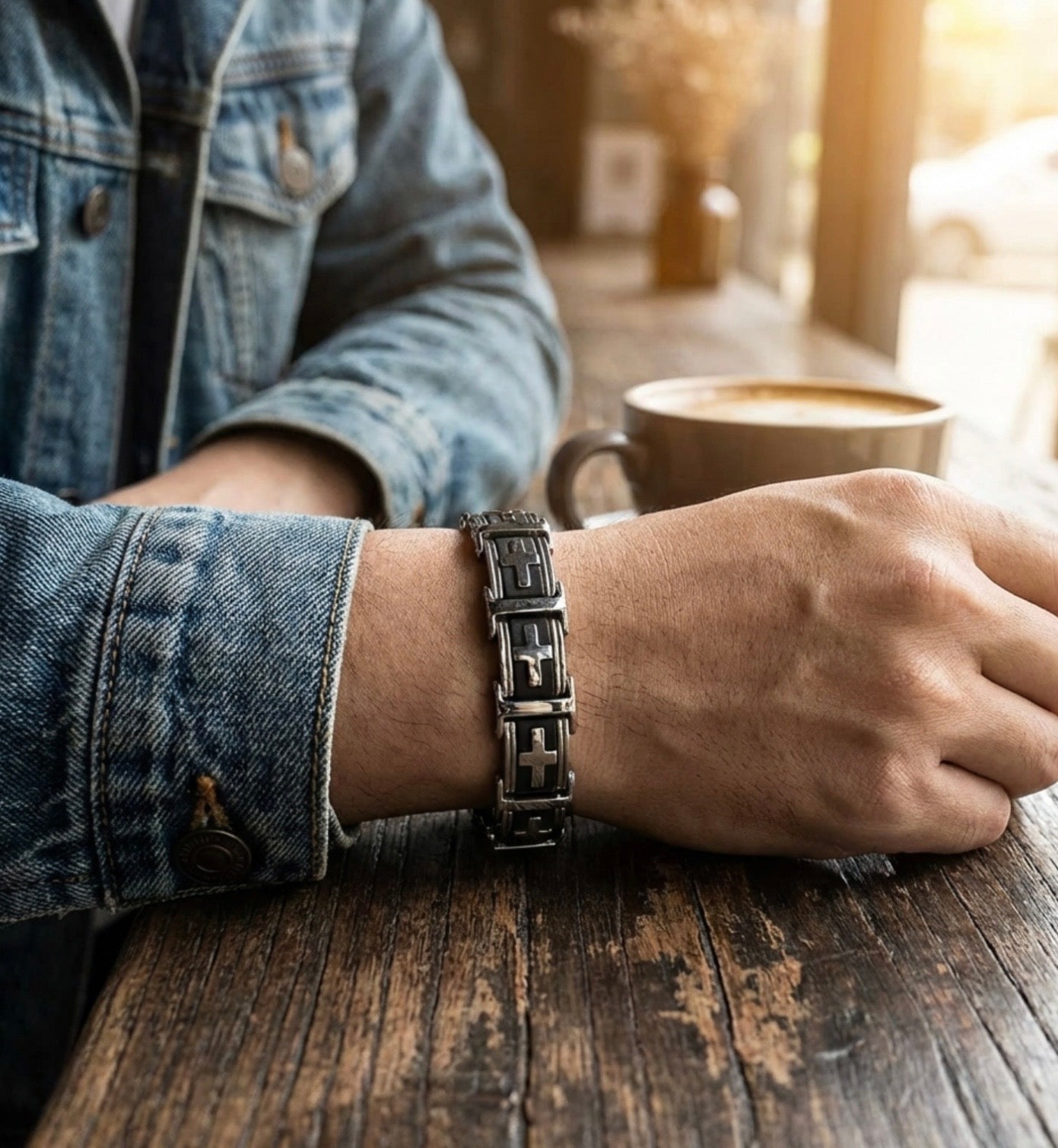 Men’s stainless steel bracelet with black link panels and cross motifs, clasped on wrist