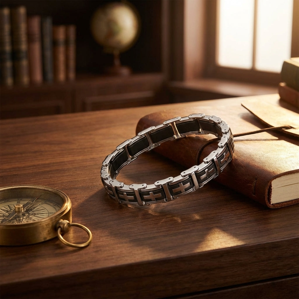 Stainless steel link bracelet with black panels and cross motifs, shown on tabletop