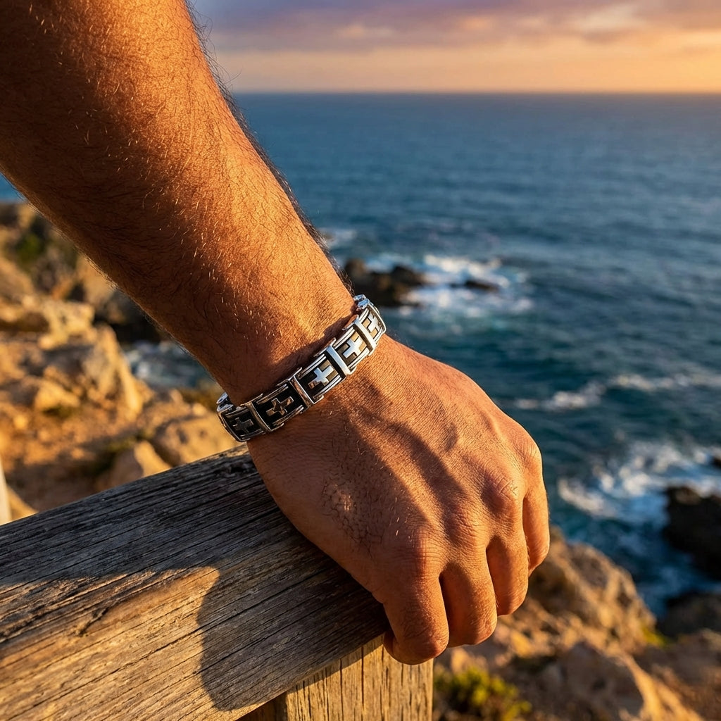 Black and silver link bracelet with cross motifs on wrist, dark inset links