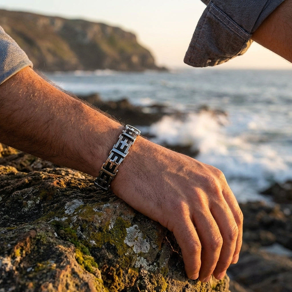Stainless steel bracelet with black panels and cross motifs on a man’s wrist