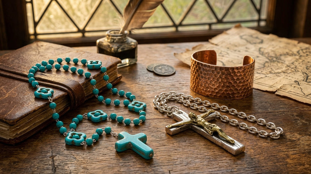 Turquoise rosary necklace with cross and crucifix pendant on book