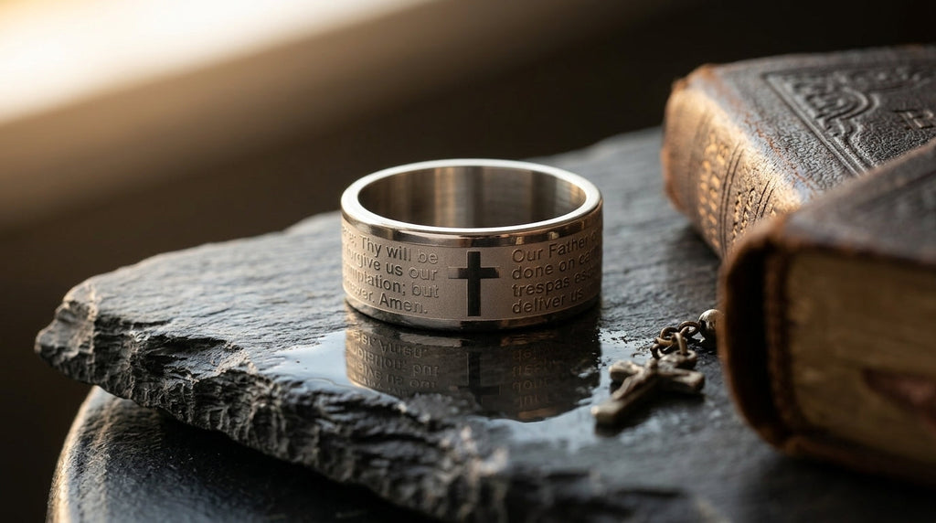 Stainless steel ring with cross engraving, resting on dark stone