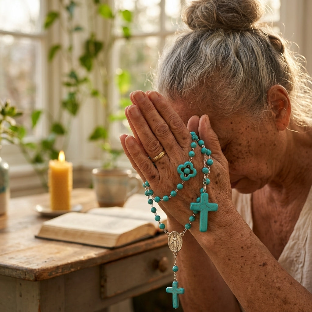 Turquoise bead rosary necklace with cross and medal pendant