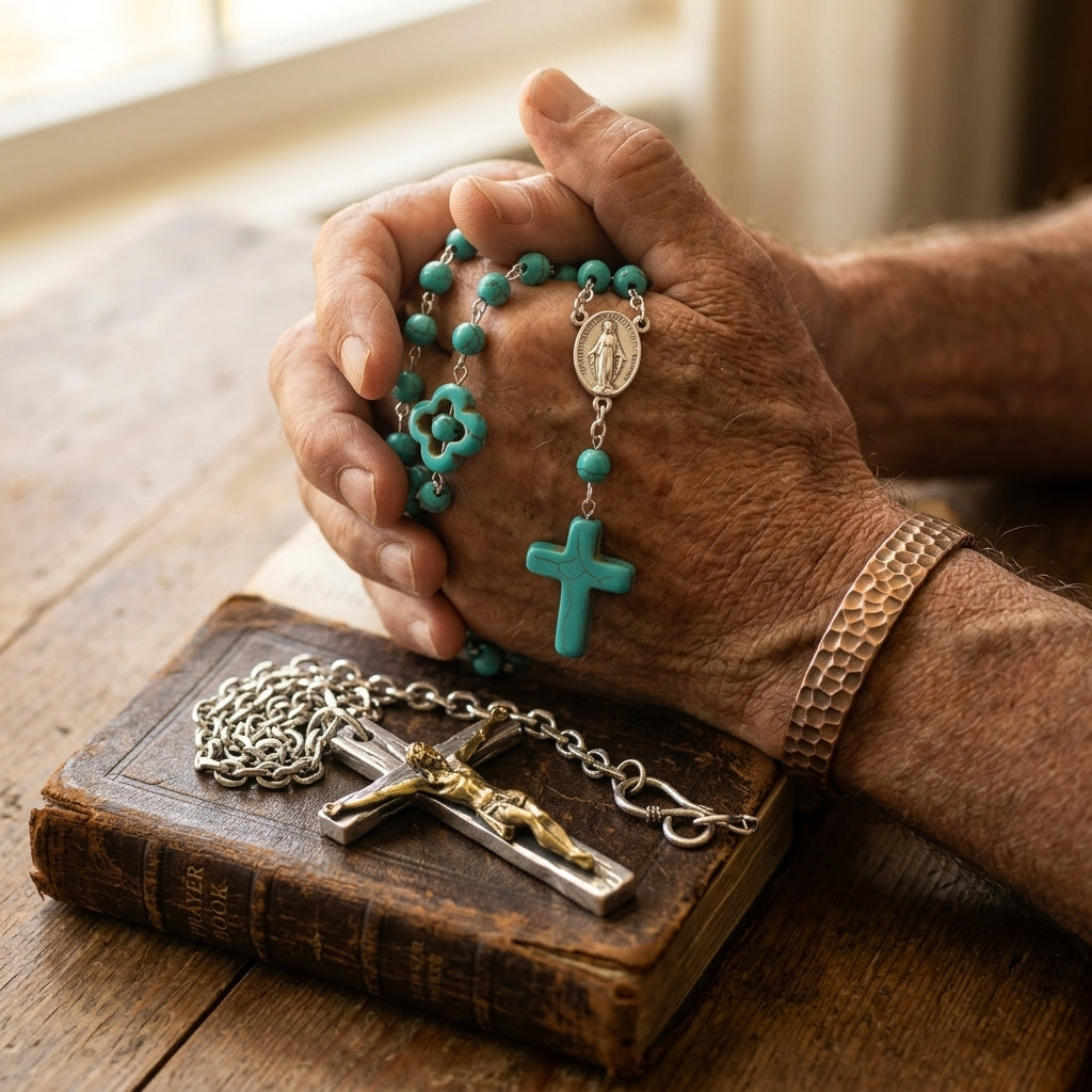 Turquoise rosary necklace in hands; cross and medal charm
