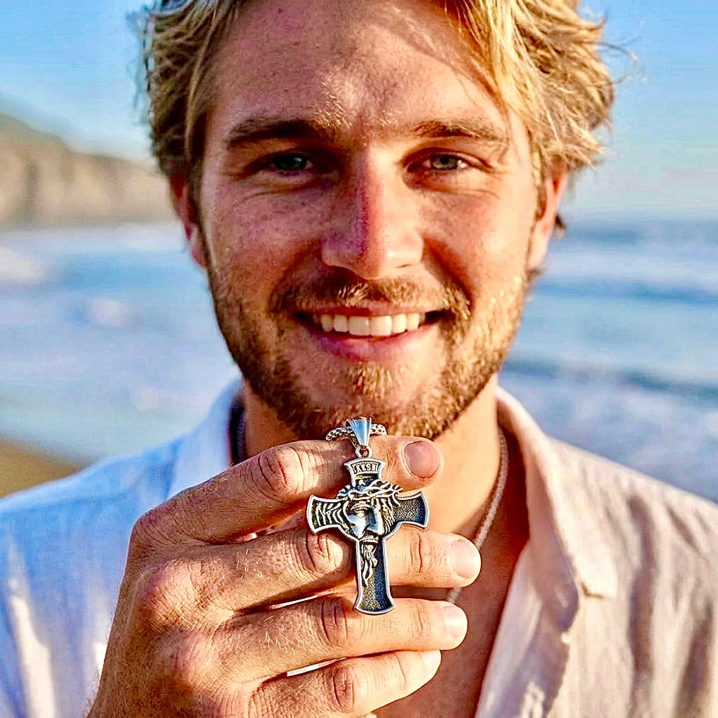 Antiqued cross pendant necklace with Jesus face and crown of thorns, INRI panel