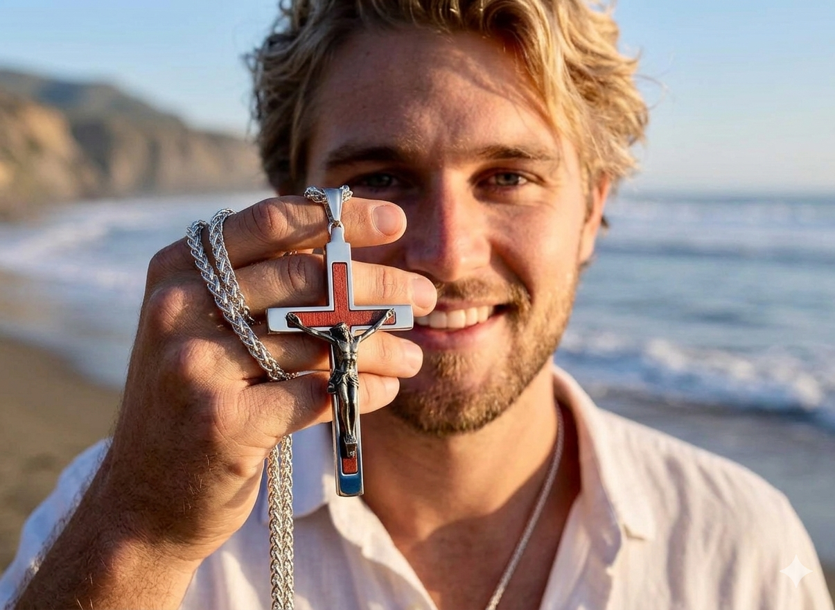 Stainless steel crucifix cross pendant with dark blue center on link chain