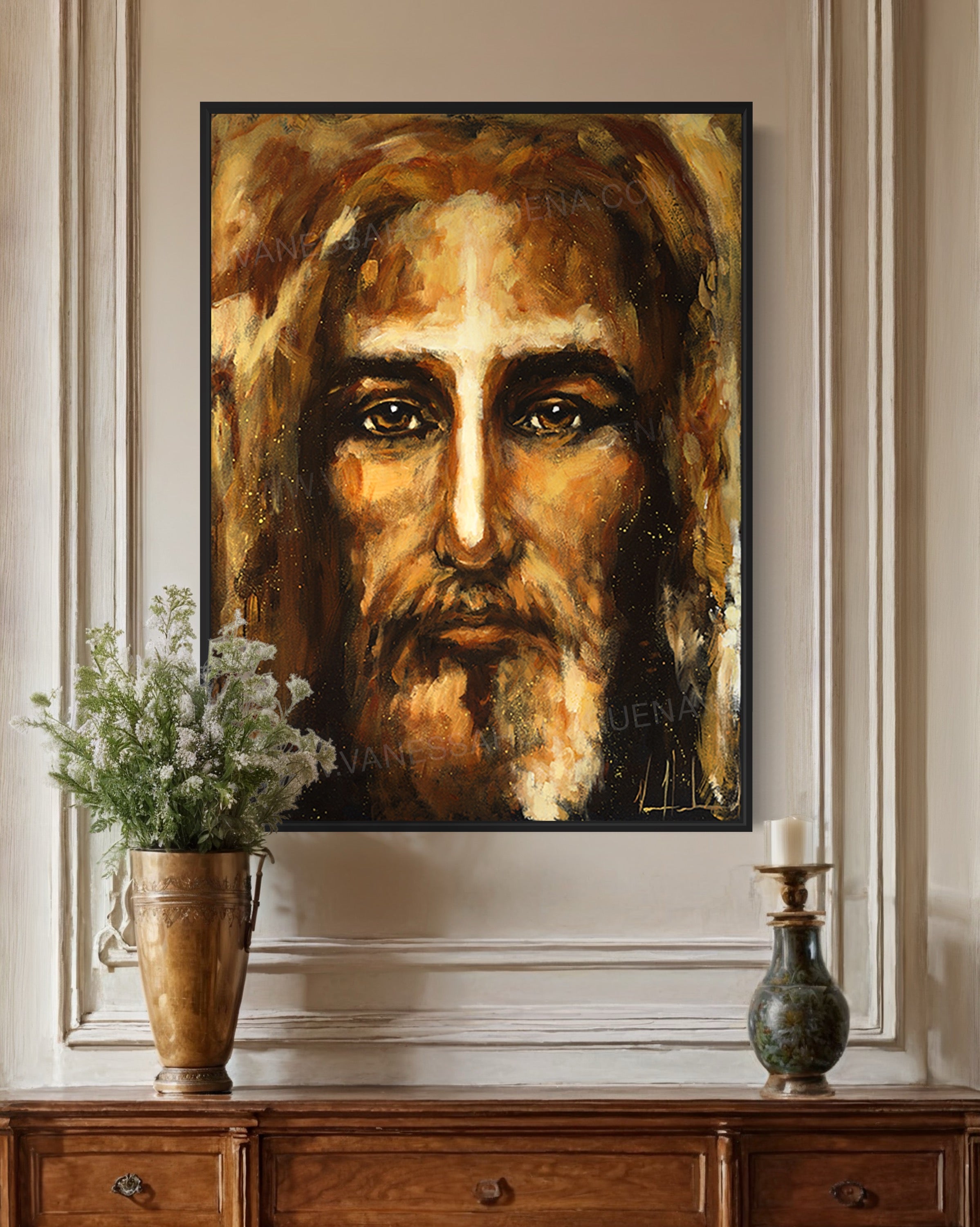 Framed portrait print of a bearded man with bright cross-like light on his forehead