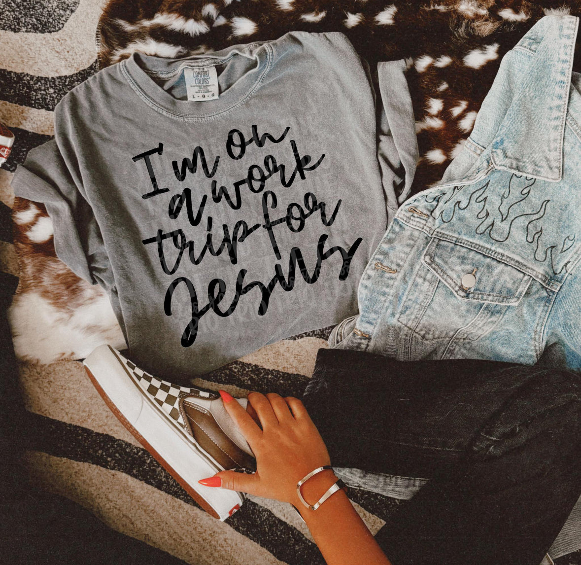 Gray crew-neck tee with black “I’m on a work trip for Jesus” script print