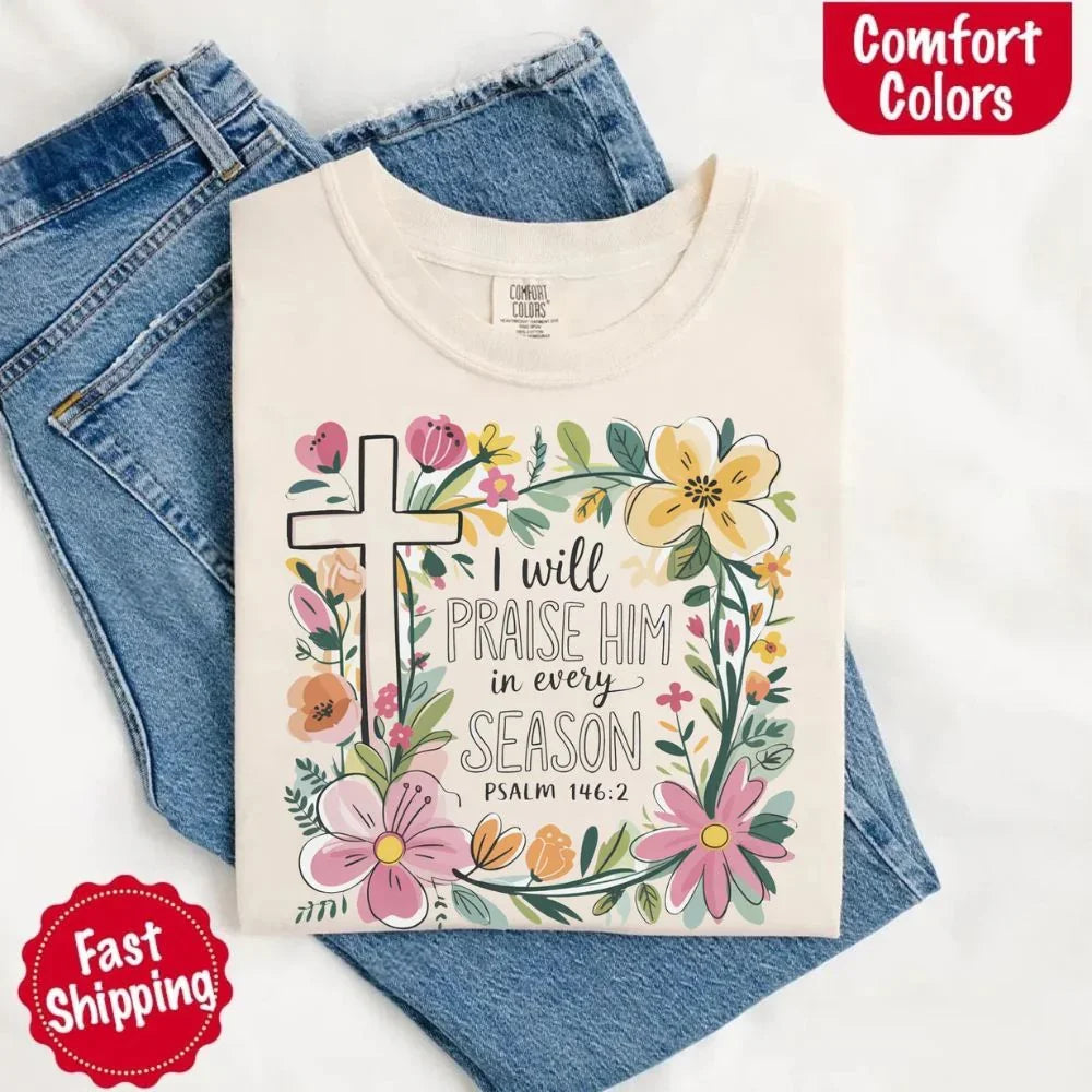 White Comfort Colors crewneck tee with floral cross and scripture text graphic