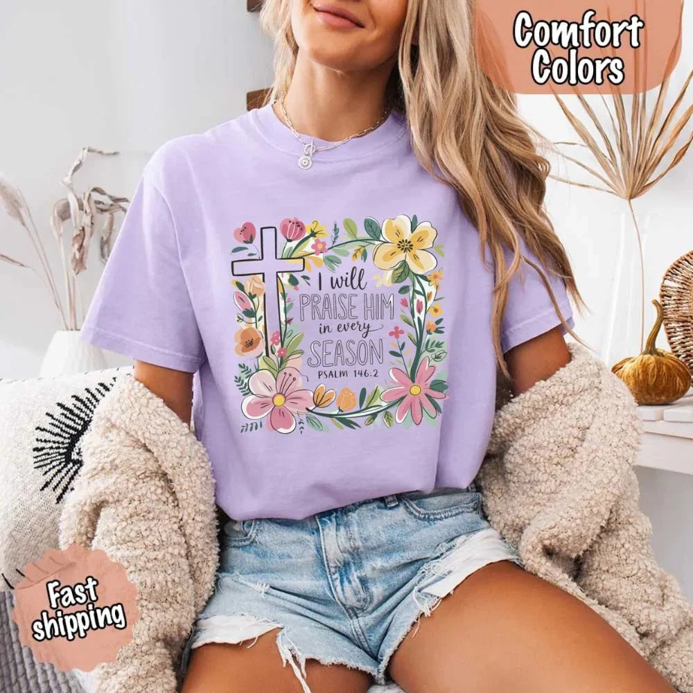 Lilac Comfort Colors crewneck tee with floral cross and scripture text graphic