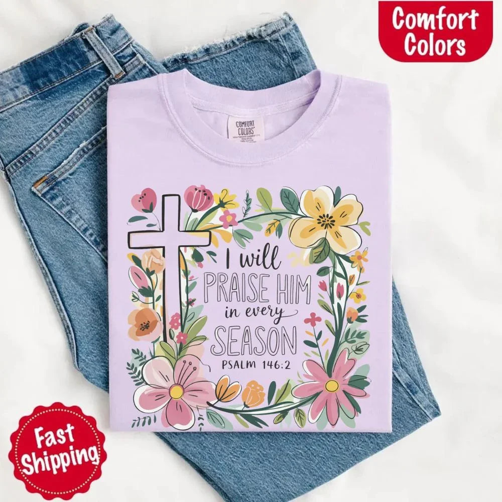 Front view lilac Comfort Colors crewneck tee with floral cross graphic