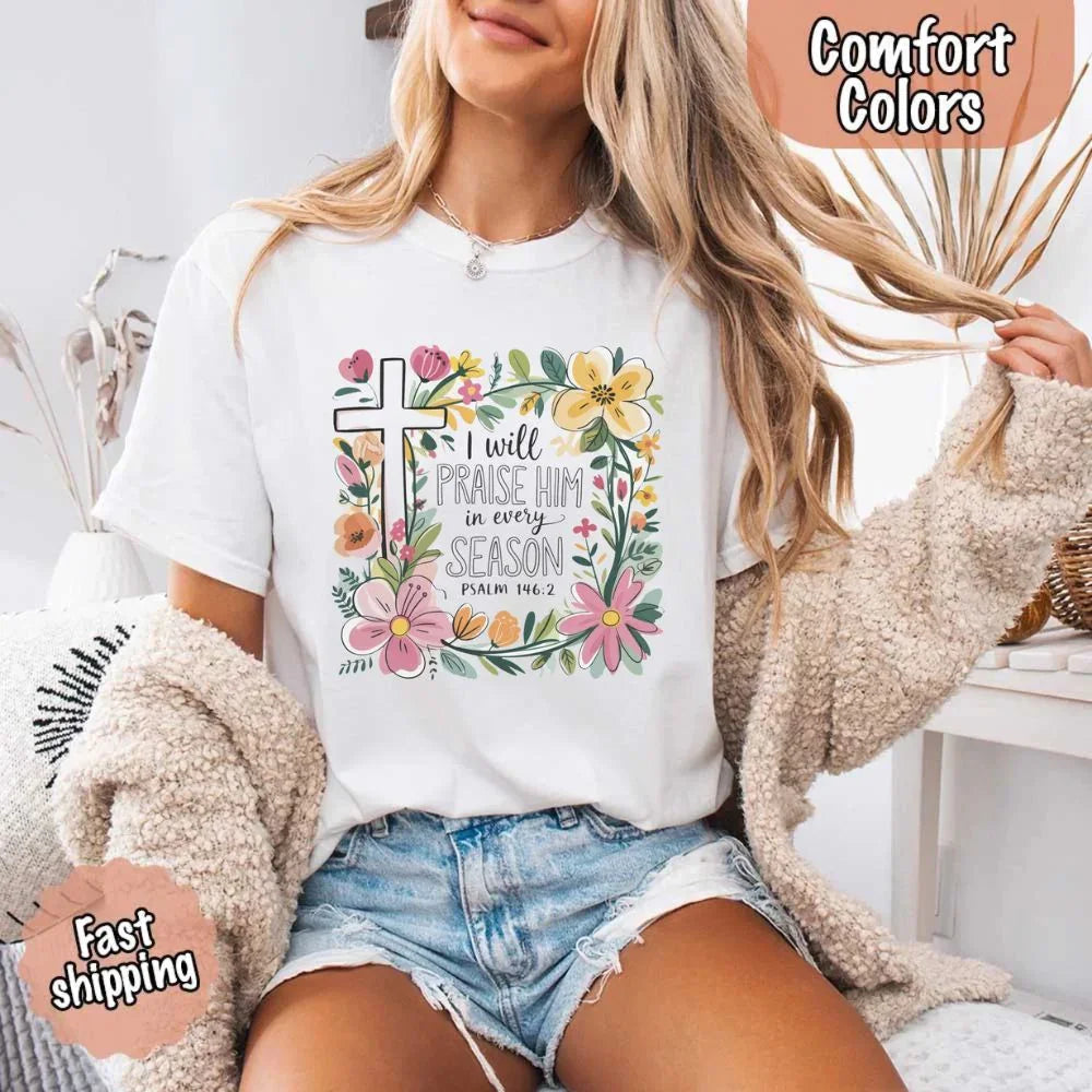 Ivory Comfort Colors crewneck tee with floral cross and scripture text graphic